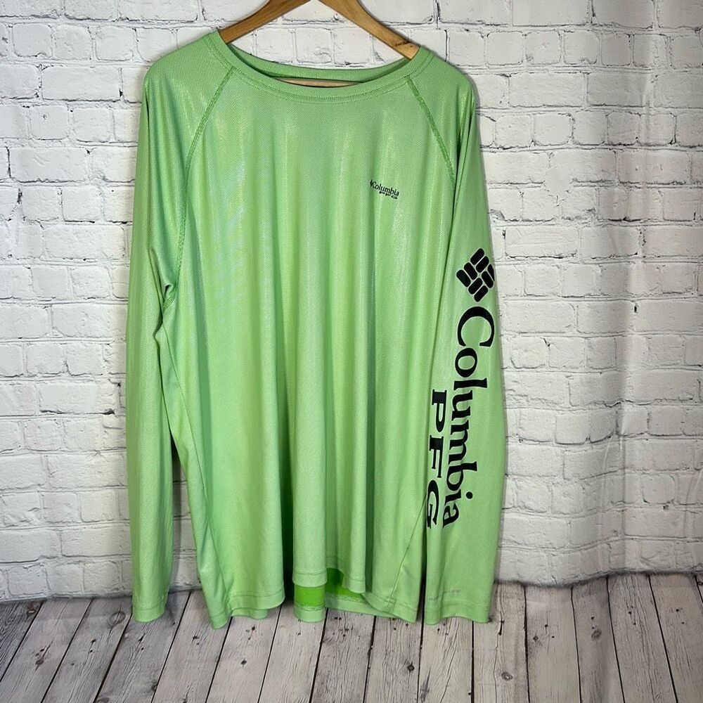 Columbia Omni-Shade PFG Fishing Shirt size L Large Green Long Sleeve Spell Out